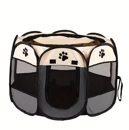 Collapsible Octagonal Dog Pen Steel Frame 45 in Gray Brown Puppy Containment for Home Garden Travel Cat Crate Mesh Visibility Easy Setup