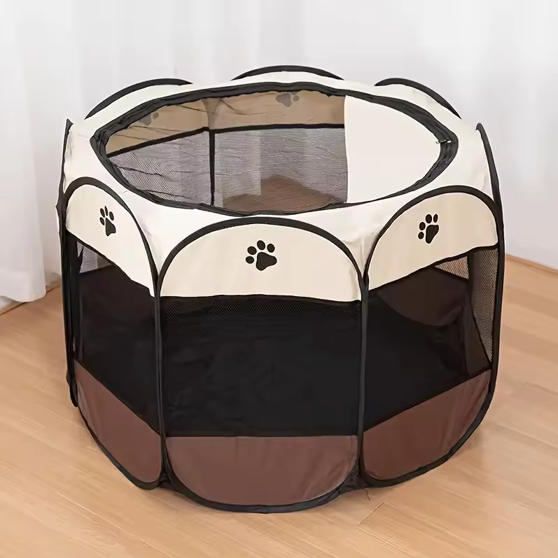 Collapsible Octagonal Dog Pen Steel Frame 45 in Gray Brown Puppy Containment for Home Garden Travel Cat Crate Mesh Visibility Easy Setup