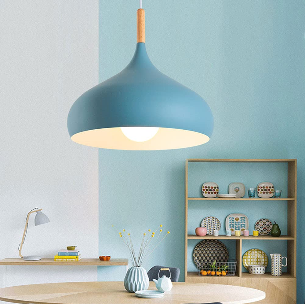 E27 Dome Pendant Fixture with Wood Trim – Adjustable Height Hanging Light for Kitchen Island, Dining Table, Bedroom – Minimalist Nordic-Insp
