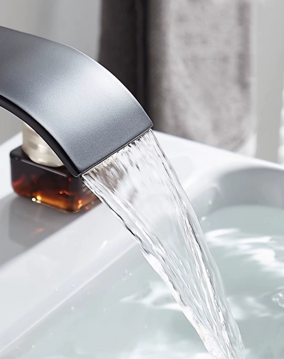 Single-Handle Basin Faucet Stainless Steel Waterfall Spout Deck Mount Bathroom Sink Mixer Tap Hot Cold Modern Vanity Counter Install