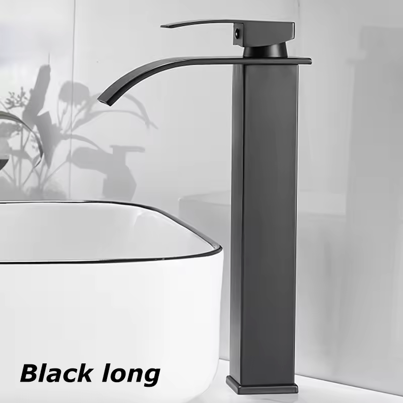 Single-Handle Basin Faucet Stainless Steel Waterfall Spout Deck Mount Bathroom Sink Mixer Tap Hot Cold Modern Vanity Counter Install