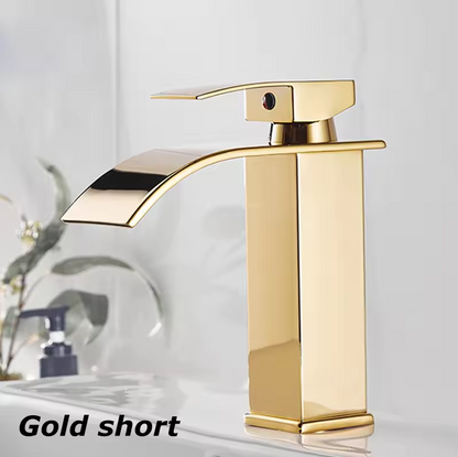 Single-Handle Basin Faucet Stainless Steel Waterfall Spout Deck Mount Bathroom Sink Mixer Tap Hot Cold Modern Vanity Counter Install