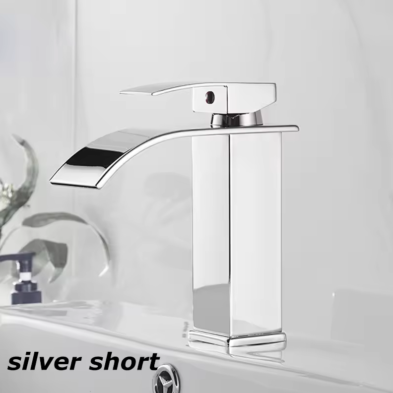 Single-Handle Basin Faucet Stainless Steel Waterfall Spout Deck Mount Bathroom Sink Mixer Tap Hot Cold Modern Vanity Counter Install