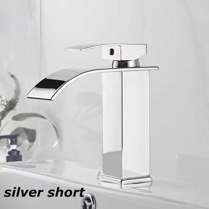 Single-Handle Basin Faucet Stainless Steel Waterfall Spout Deck Mount Bathroom Sink Mixer Tap Hot Cold Modern Vanity Counter Install