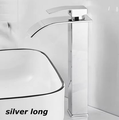 Single-Handle Basin Faucet Stainless Steel Waterfall Spout Deck Mount Bathroom Sink Mixer Tap Hot Cold Modern Vanity Counter Install