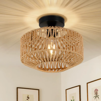 Woven Rattan Hanging Light with E27 Socket in Brown for Kitchen Island & Dining Table | Handcrafted Open-Weave Ceiling Fixture