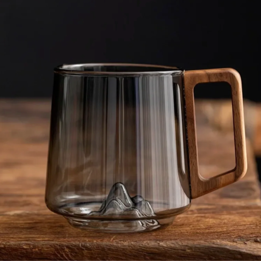 Insulated Borosilicate Glass Mug with Wood Grip 4-Inch Thermal Coffee Cup Peak Shape for Hot Beverages Kitchen Office