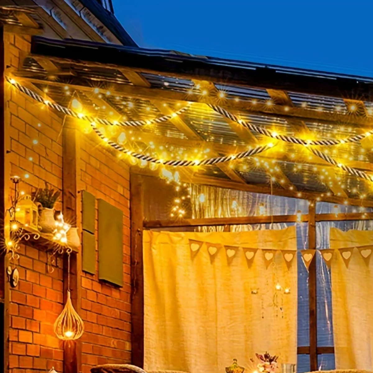Solar-Powered LED Rope Light with Hemp Design 16.4 ft Waterproof Outdoor String Lights for Patio Garden Deck Yard Party Decor Dusk-to-Dawn S