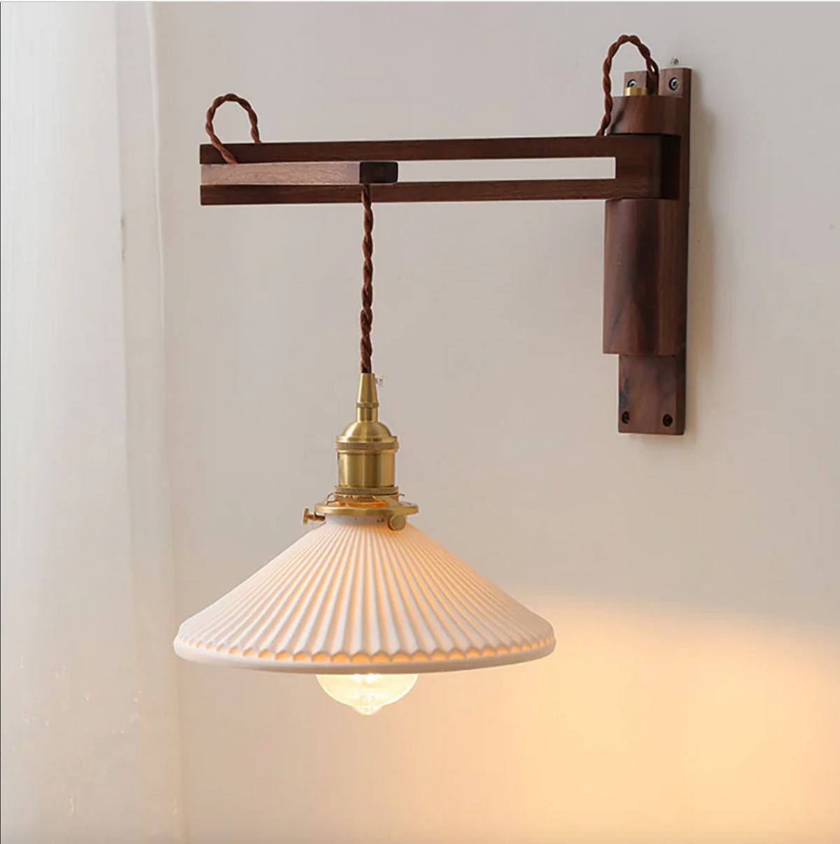 Swing Arm Ceramic Wall Sconce with Wood Bracket and Knob Switch for Bedroom Hallway Reading Nook Vintage Plug-In Lighting
