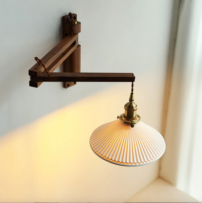 Swing Arm Ceramic Wall Sconce with Wood Bracket and Knob Switch for Bedroom Hallway Reading Nook Vintage Plug-In Lighting