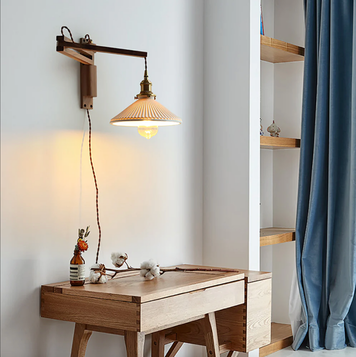 Swing Arm Ceramic Wall Sconce with Wood Bracket and Knob Switch for Bedroom Hallway Reading Nook Vintage Plug-In Lighting