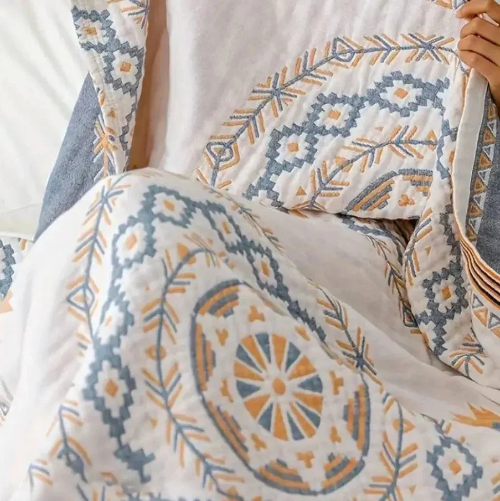 Nordic Boho | Lightweight Cotton Gauze Throw Blanket with Fringe | Breathable Design for Summer Comfort