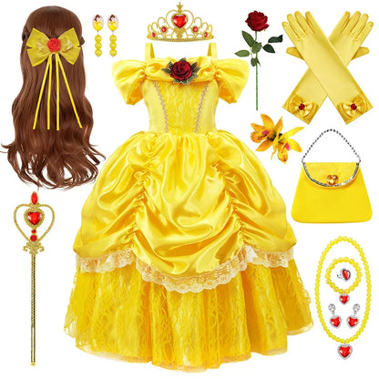 Girls Princess Gown Costume with Tiara and Gloves – Complete Belle-Inspired Dress-Up Set for Birthday Parties, Halloween, Cosplay & Special