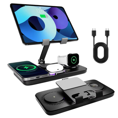 Multi-Device Wireless Charging Station with Adjustable Tablet Holder for Phones, Watches & Earbuds