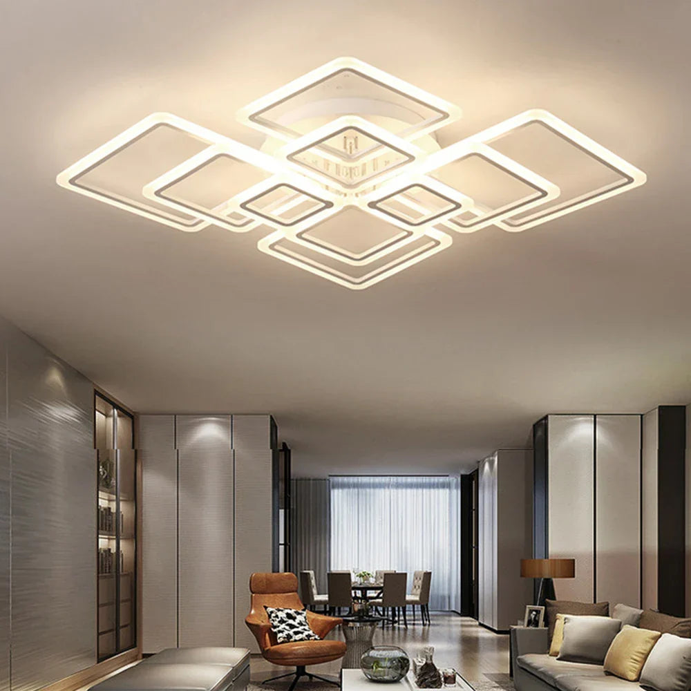 Square Flush Mount LED Fixture 50 in Dimmable Remote Control White Aluminum Geometric Rings for Bedroom Living Room Dining Room Open Plan