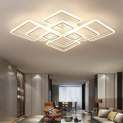 Square Flush Mount LED Fixture 50 in Dimmable Remote Control White Aluminum Geometric Rings for Bedroom Living Room Dining Room Open Plan