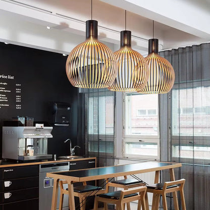 Wooden Sphere Pendant Light – Slat Design Hanging Fixture for Dining Room & Living Room