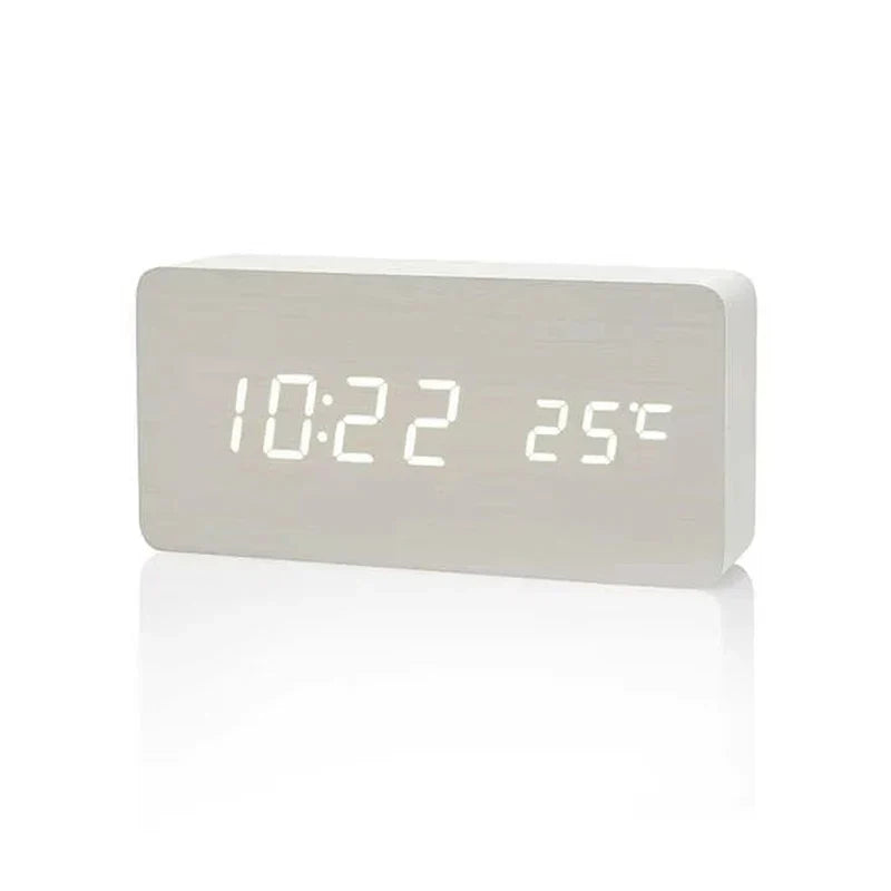 Digital LED Desk Clock with Triple Alarms Temperature Display Brightness Control Wood Grain Finish USB Powered for Bedroom Office Nightstand