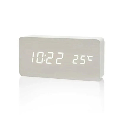 Digital LED Desk Clock with Triple Alarms Temperature Display Brightness Control Wood Grain Finish USB Powered for Bedroom Office Nightstand