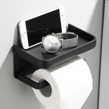 Wall-Mount Bathroom Tissue Holder with Top Shelf for Phone Storage Black Aluminum 7.2 Inch Powder Room Organizer Compact Space-Saving Access