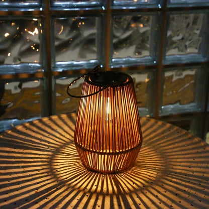 Solar Hanging Lantern Woven Wicker Style 8in Weatherproof LED Light for Patio Garden Balcony Porch Outdoor Spaces Cordless Automatic Dusk Da
