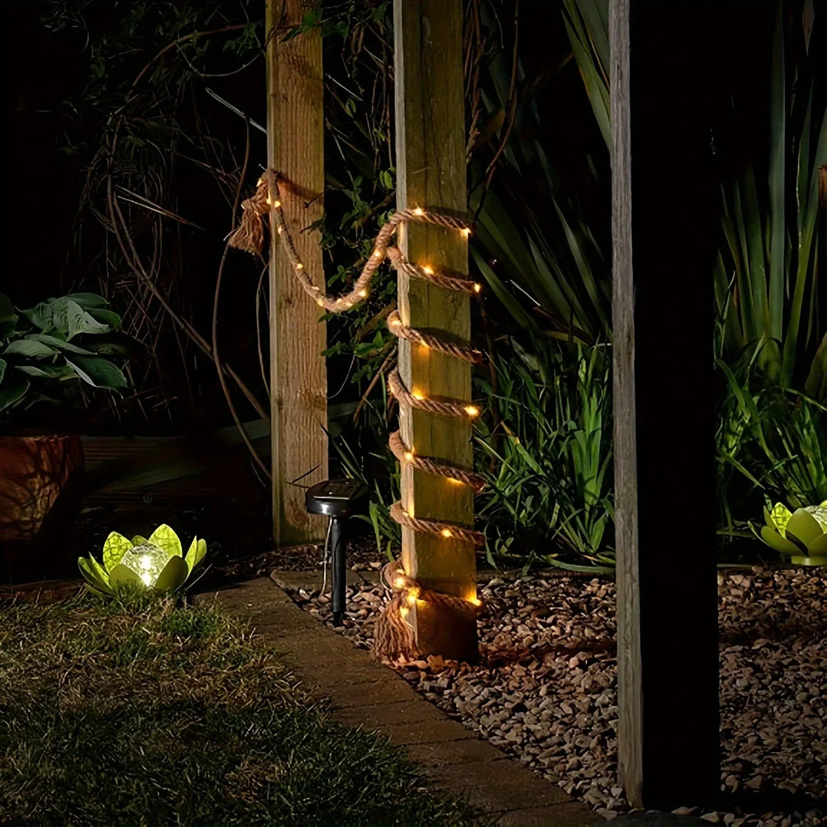 Solar LED String Lights 16 ft Hemp Rope 100 Bulbs 8-Color Modes Outdoor Garden Patio Deck Waterproof Auto On/Off for Backyard Party Wedding