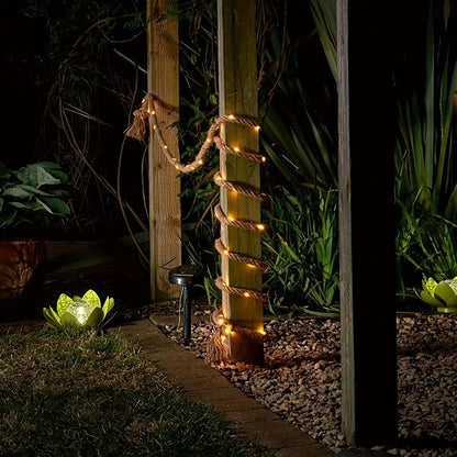 Solar-Powered LED Rope Light with Hemp Design 16.4 ft Waterproof Outdoor String Lights for Patio Garden Deck Yard Party Decor Dusk-to-Dawn S