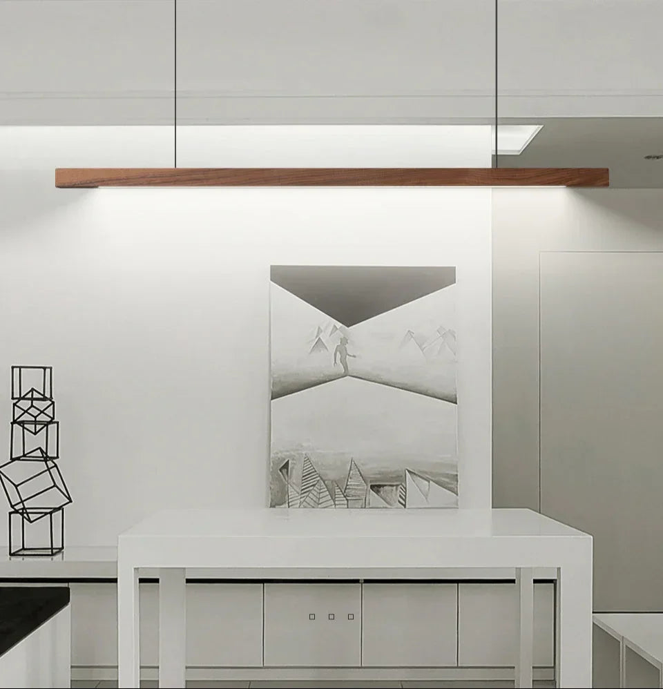 LED Wood Dining Room Fixture 47-Inch Linear Hanging Light Adjustable Height Island Chandelier Natural Pine Kitchen Suspended Lighting Modern