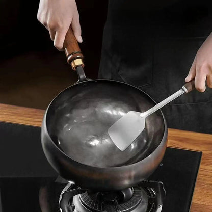 12-Inch Cast-Iron Round-Bottom Skillet with Wood Handle and Lid for Induction Gas Electric Stovetops