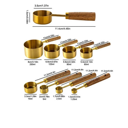 Stainless Steel Kitchen Measuring Spoons 8-Piece Set with Wood Handles for Baking Cooking Spice Portioning Recipe Prep Home Chef Tools
