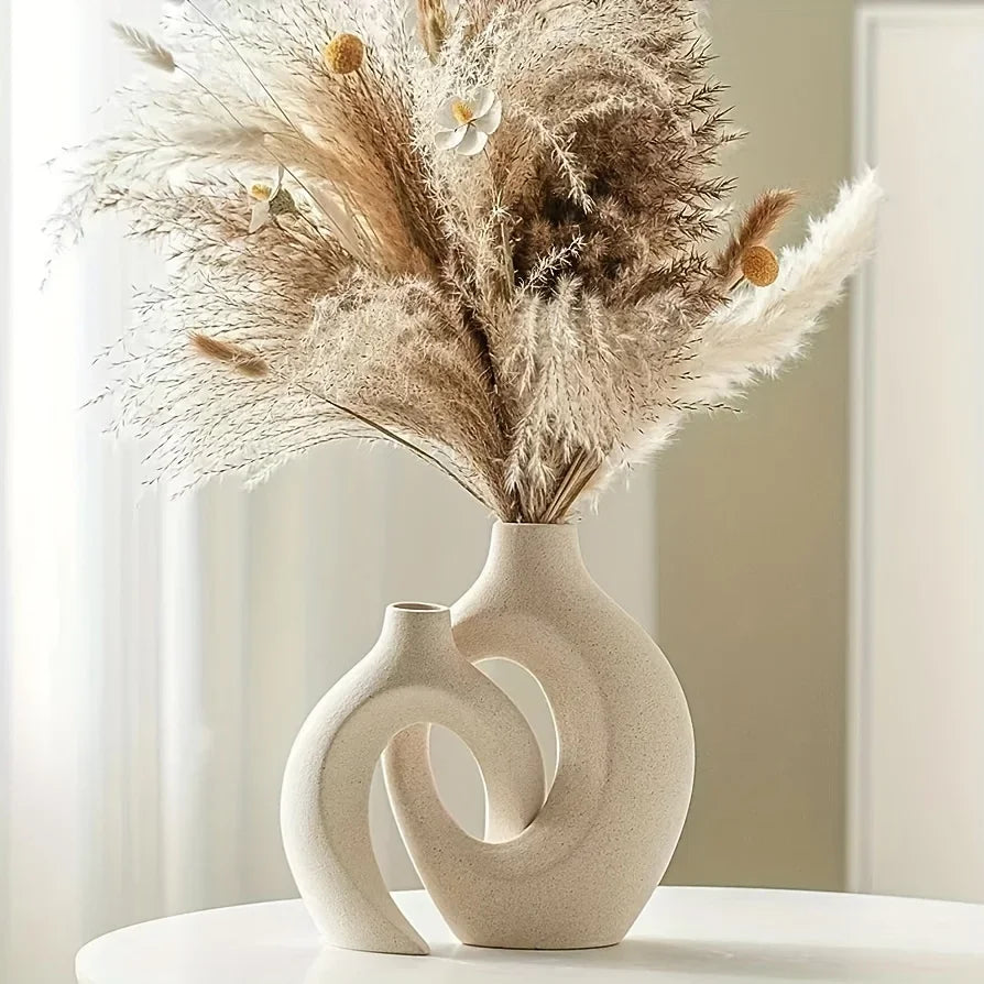 Porcelain Vase Duo White Organic Shape Entryway Mantel Shelf Accent Dried Flower Display Modern Apartment Bedroom Styling