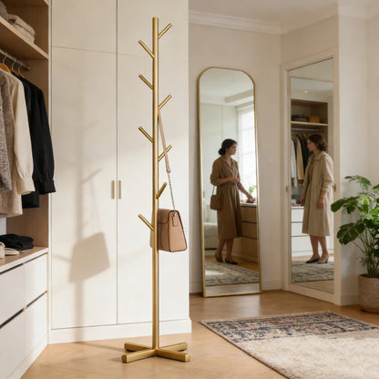 Tall Metal Hall Tree with 8 Hooks 66 Inches Freestanding Entryway Coat Hanger for Jackets Bags Scarves & Accessories Modern Vertical Garment