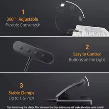 Rechargeable LED Reading Light with Clip and Gooseneck – 3 Color Modes, Dimmable, USB Powered Book Light for Bed, Desk, Travel