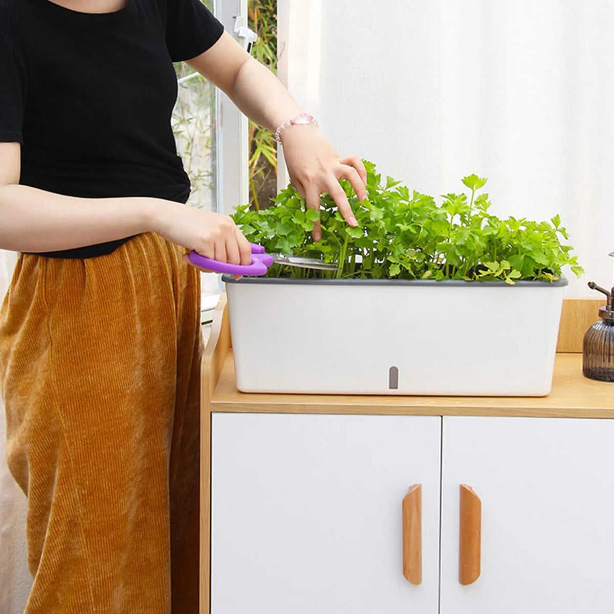 Rectangular Self-Watering Planter with Water Indicator 17 in Long for Herbs Flowers Succulents Kitchen Windowsill Balcony Indoor Outdoor