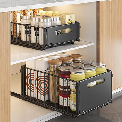 Pull-Out Cabinet Organizer Steel Glide Rack 15 in Deep Spice Jar Pantry Tray for Kitchen Storage Black