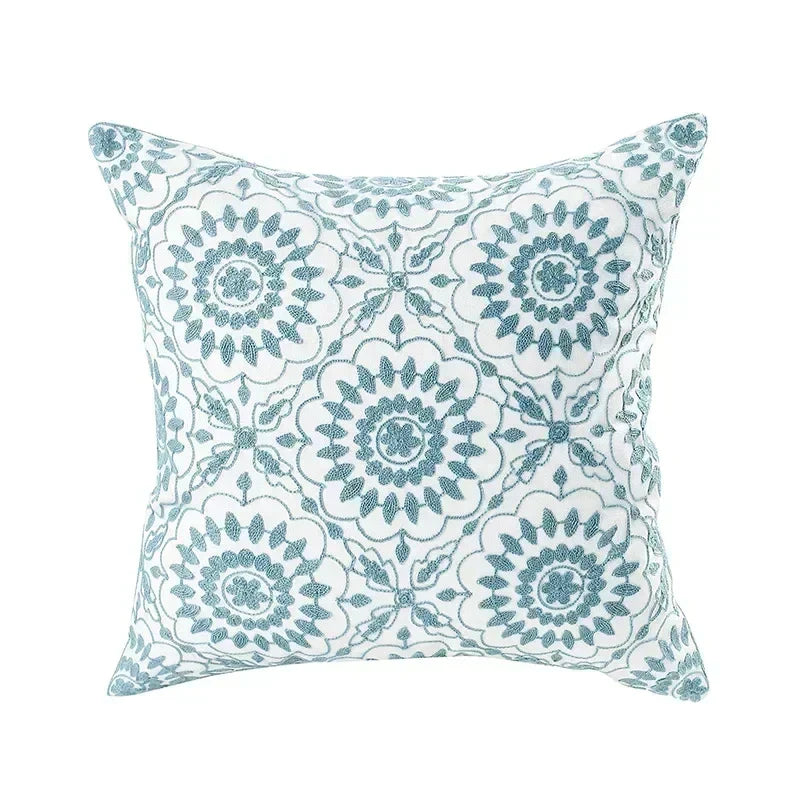 Floral Embroidered Throw Pillow Cover 18x18 Inches Cotton Canvas White Decorative Cushion Case for Couch Bed Chair Farmhouse Modern Living R