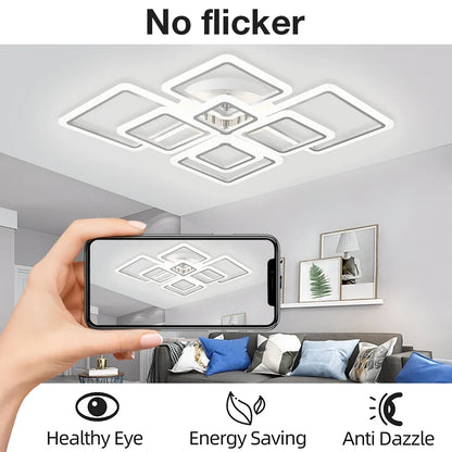 Square Flush Mount LED Fixture 50 in Dimmable Remote Control White Aluminum Geometric Rings for Bedroom Living Room Dining Room Open Plan