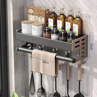Aluminum Shelf Organizer Gunmetal Gray 20-Inch Wall Mount Spice Rack with Towel Bar Adhesive or Screw Install for Small Kitchen Rental Apart