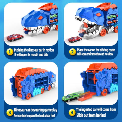 Transforming Dinosaur Race Track Playset with Storage for Mini Cars – 2-in-1 Dino Racetrack Toy for Kids Ages 3+