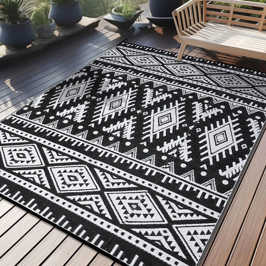 Woven Reversible Patio Mat with Braided Plastic Construction for Decks, Balconies & Camping | Weather-Resistant Geometric Floor Covering