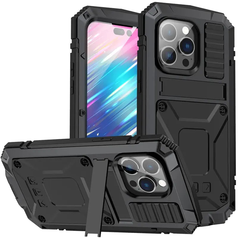 Heavy-Duty Metal Phone Case for iPhone 14, 13, 12, 11 – Full-Edge Protection with Raised Camera Guard & Tactile Grip