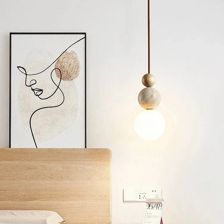 Stone Hanging Lamp for Bedroom Nightstand 4.7 in Cream Finish Soft LED Glow Modern Suspended Lighting Above Bedside Compact Space-Saving Cor