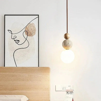 Stone Hanging Lamp for Bedroom Nightstand 4.7 in Cream Finish Soft LED Glow Modern Suspended Lighting Above Bedside Compact Space-Saving Cor