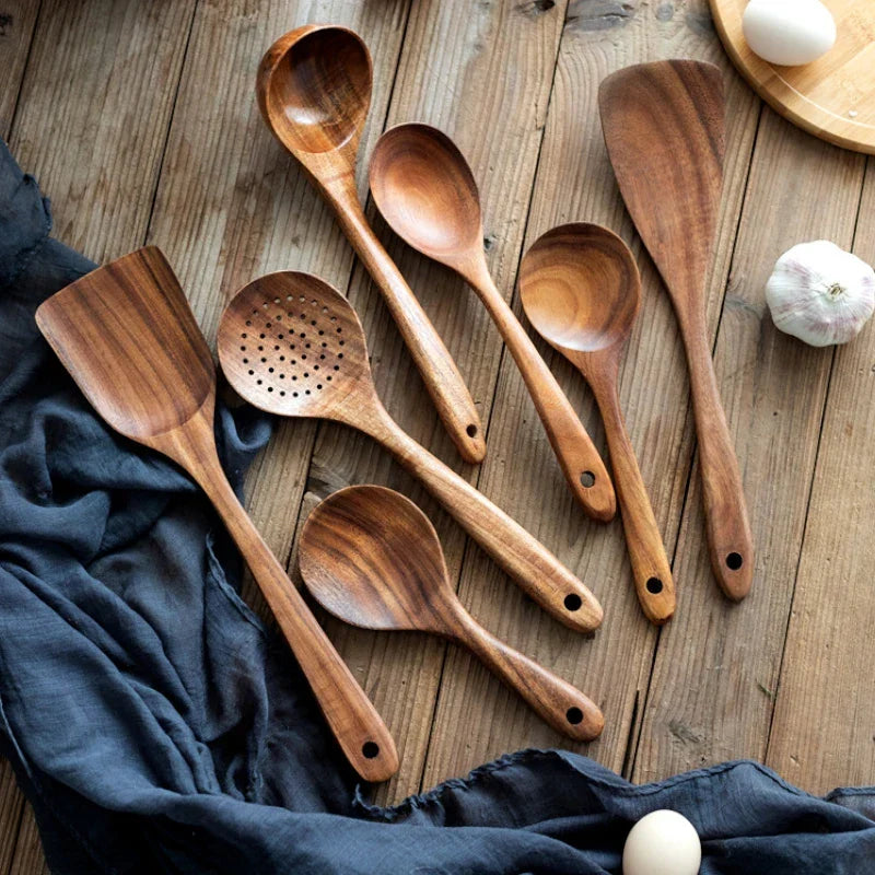 Natural Wood Kitchen Utensil Set 8-Piece with Display Stand for Cooking and Serving Non-Stick Cookware Safe Tools