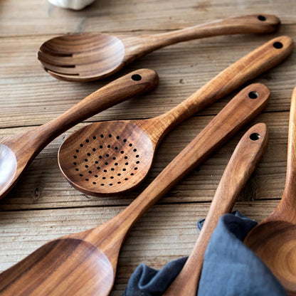 Natural Teak Wood Cooking Utensil Set for Kitchen & Dining | Eco-Friendly Solid Hardwood Spatula Spoon Tool Collection | Heat-Resistant