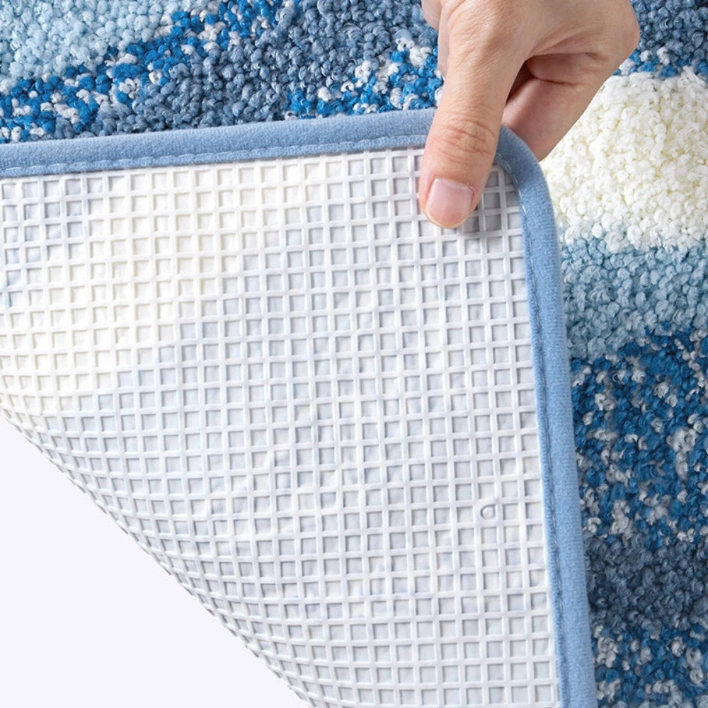 Microfiber Bathroom Rug with Non-Slip Backing – Quick-Dry Floor Mat for Shower, Tub & Sink – Soft Absorbent Surface in Blue & Beige