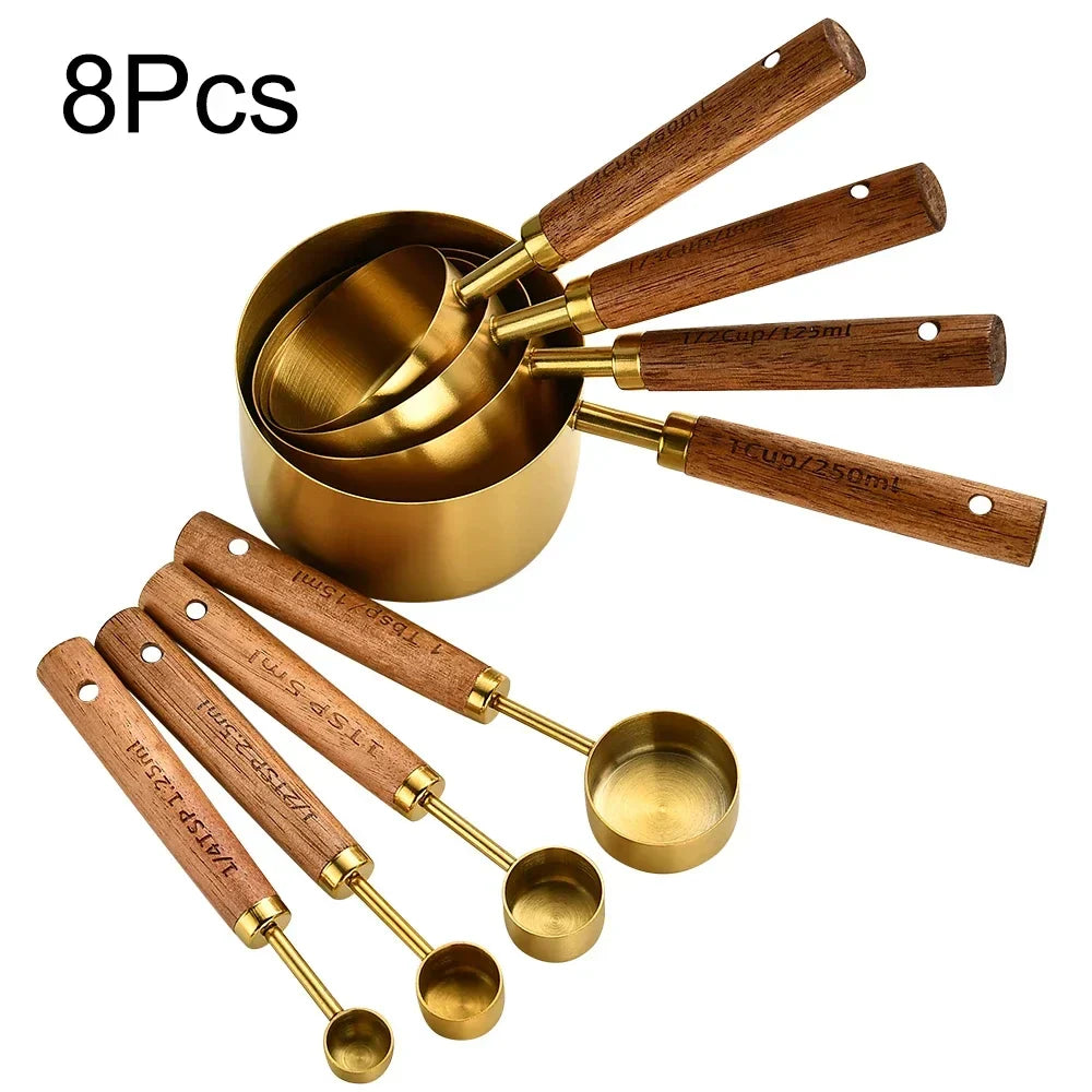 Stainless Steel Kitchen Measuring Spoons 8-Piece Set with Wood Handles for Baking Cooking Spice Portioning Recipe Prep Home Chef Tools