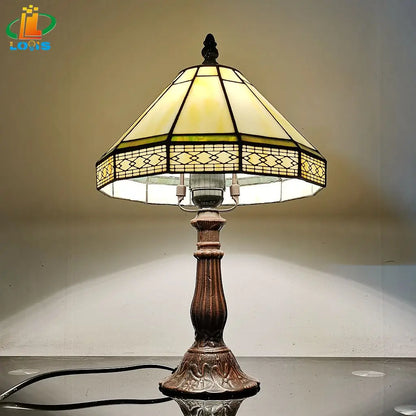 Handcrafted Art Glass Nightstand Lamp with Bronze Base – 8.7 in Shade, E27 Socket for Bedroom, Office & Living Room Accent
