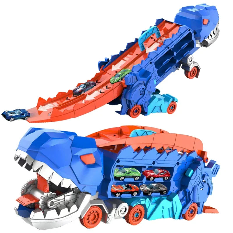Dinosaur Car Launcher Storage Set with Folding Track ABS Plastic Toy for Kids Ages 3+ Boys Girls Playroom Bedroom Transforming Vehicle Racer