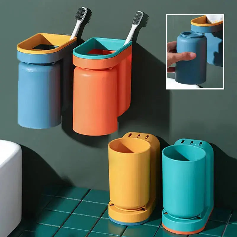 Stick-On Bathroom Caddy ABS Plastic 5 in Tall Cup & Paste Organizer Drip-Dry System 2-Pack for Vanity Countertop Clutter-Free Family Bath